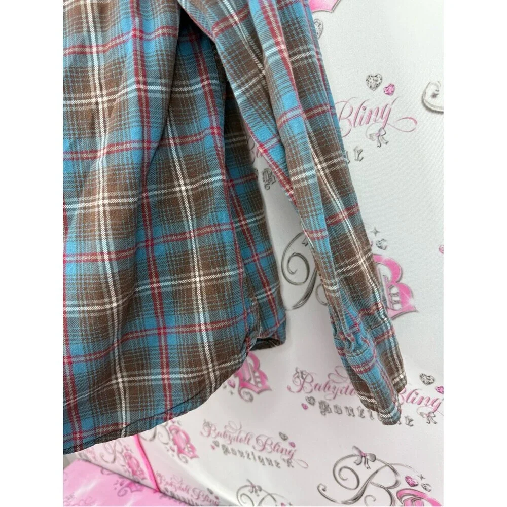 Shirt button up collared Mens Plaid Flannel Shirt - Brown & Blue red 44mm